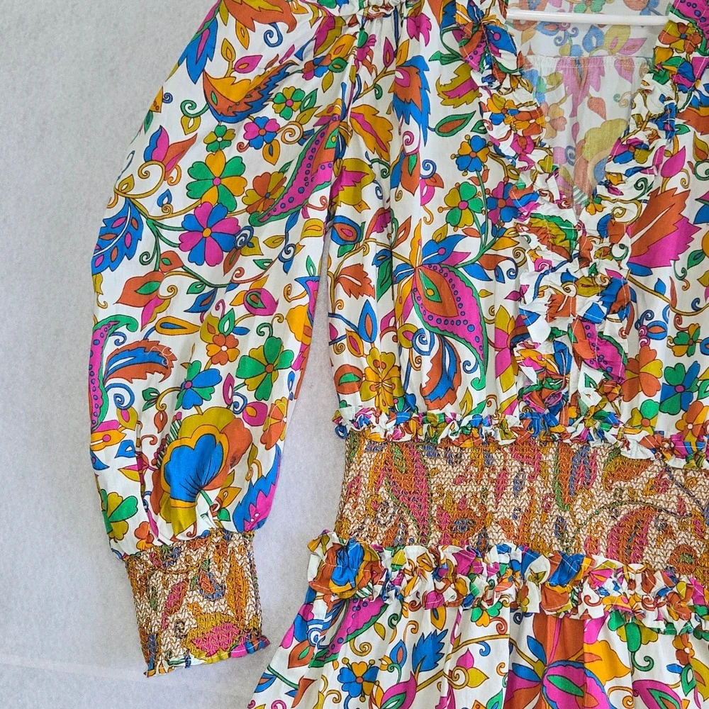 House of Harlow 1960 Nicole Richie Floral Smocked Mini Dress Cotton Small Multi - Picture 3 of 7